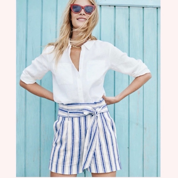 Boden Pants - NWOT Boden St. Ives Paperbag Shorts Linen Cotton Cobalt Stripe SZ 8 Belted